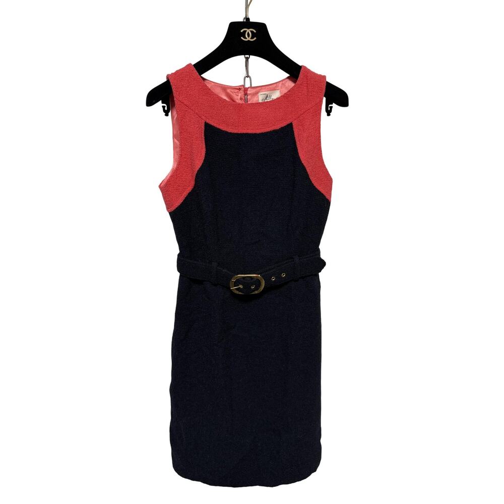 Milly Dress Womens 4 Navy Coral Colorblock Belted Sleeveless Wool Made in USA